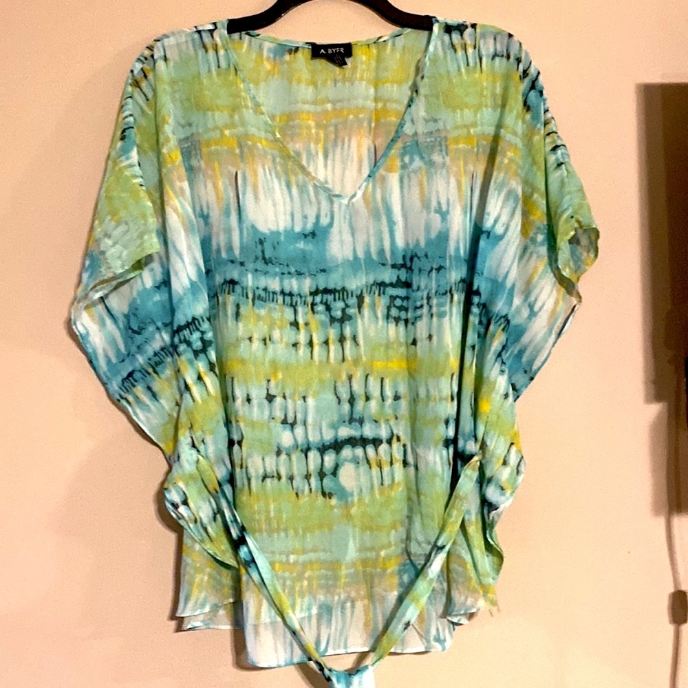 A. Byer Tie dye belted top blue, green and yellow tones. Size 3X